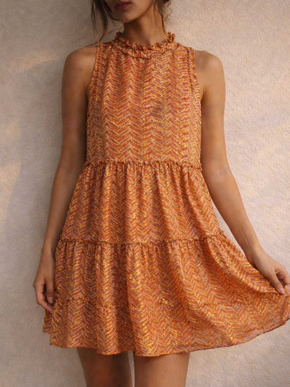 Oliphant Orange Gold Metallic Tiered Mini Dress M Boho Resort Vacation